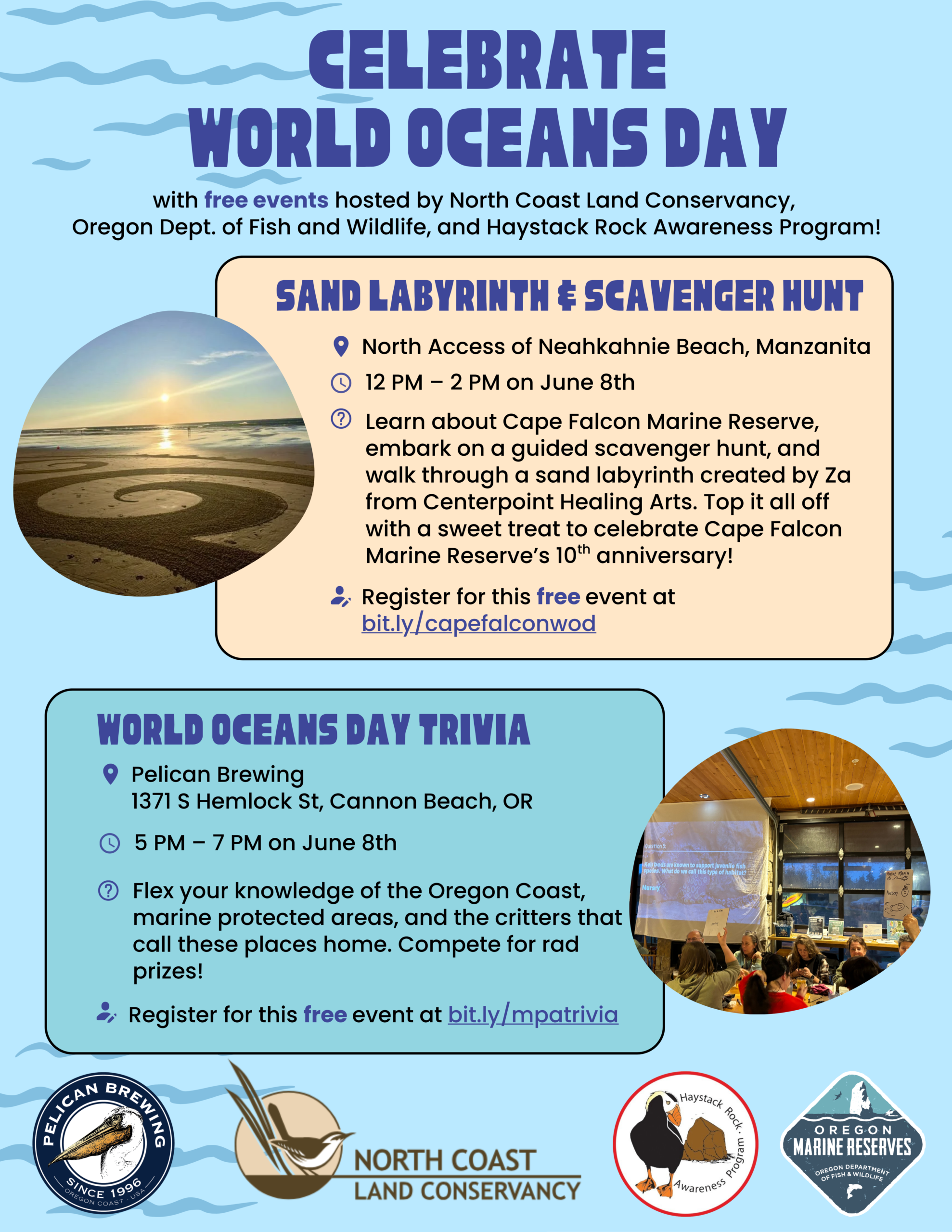 Flyer advertising Cape Falcon Marine Reserve World Oceans Day events. Sand Labyrinth & Scavenger hunt from 12-2pm at the Neahkhanie Beach North Access. World Oceans Day Trivia from 5-7 at Pelican Brewing Pub in Cannon Beach.