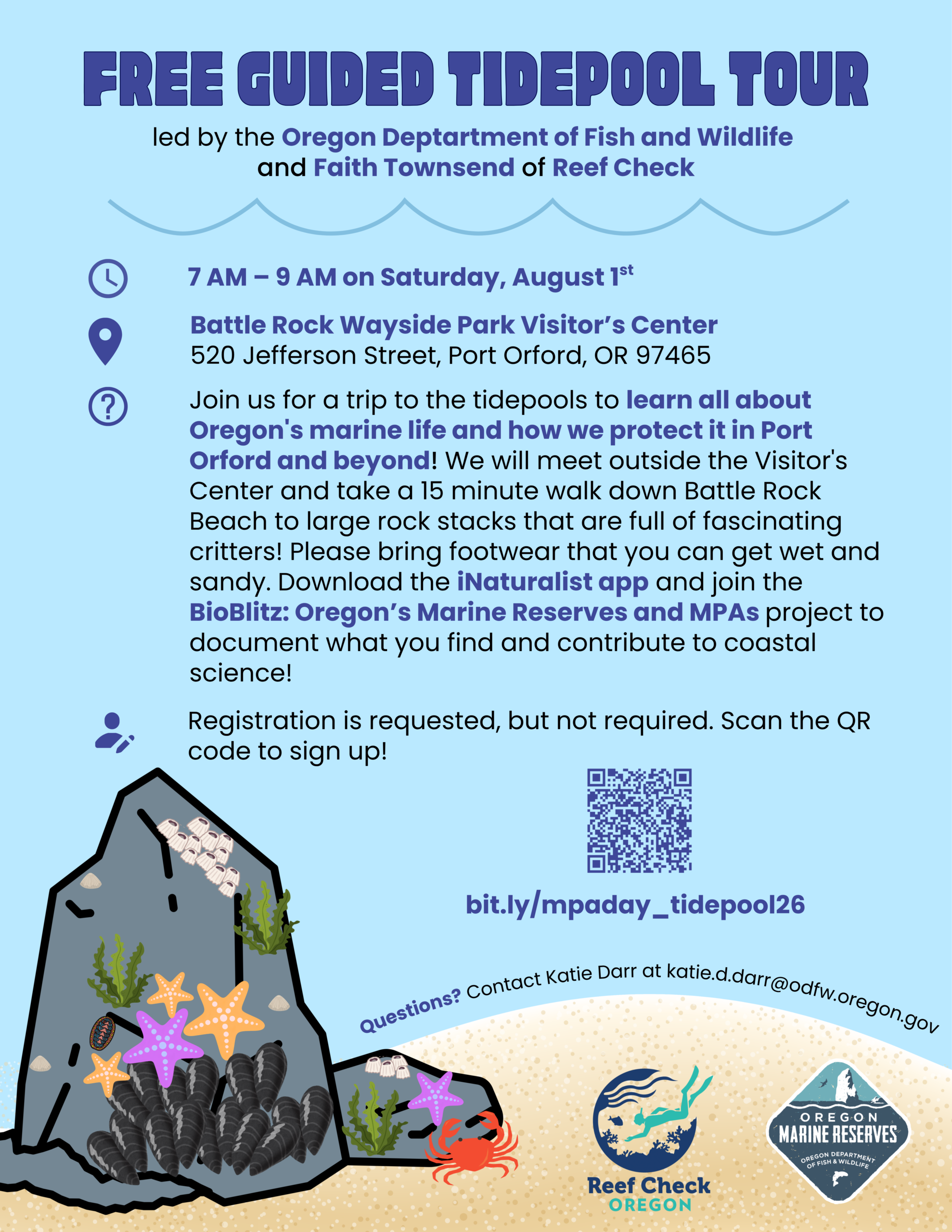Tidepool tour flyer with cartoon intertidal rock
